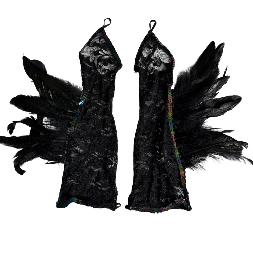 Black Gothic Lace Feather Fingerless Gloves Iridescent Sequin Whimsygoth
